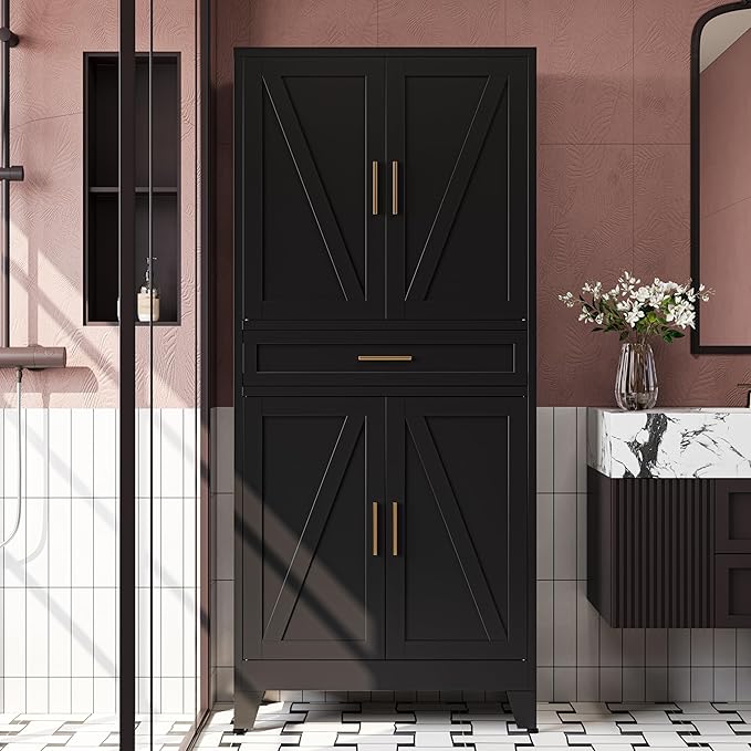 71" H Metal Kitchen Pantry Cabinet with Drawers,Black Kitchen Storage Cabinets with Doors,Tall Pantry Food Storage Cabinets,Large Freestanding Cabinets for Dining Room, Living Room