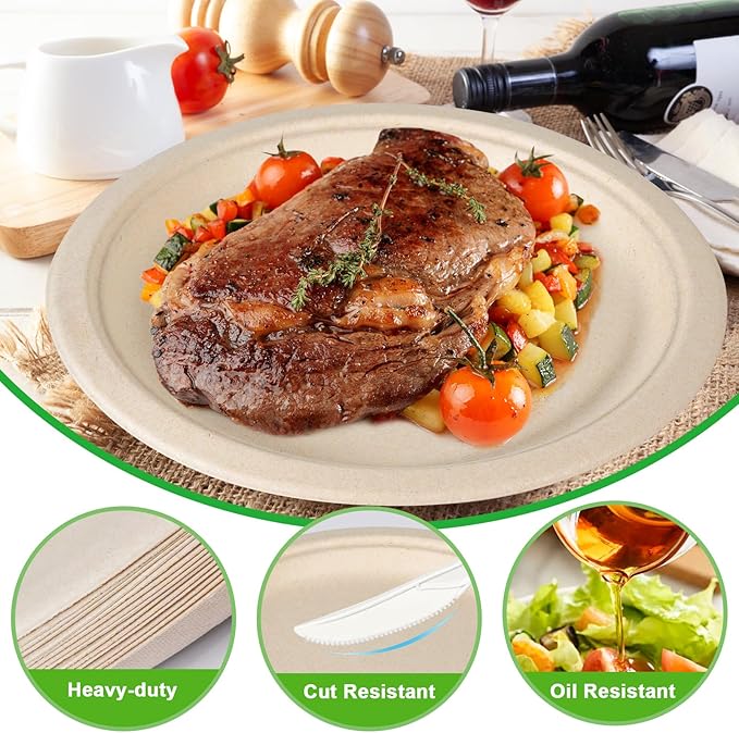 10 Inch Compostable Disposable Paper Plates, 150 Pack Heavy Duty Paper Plates, Made Of Eco-Friendly, Natural Sugarcane Bagasse