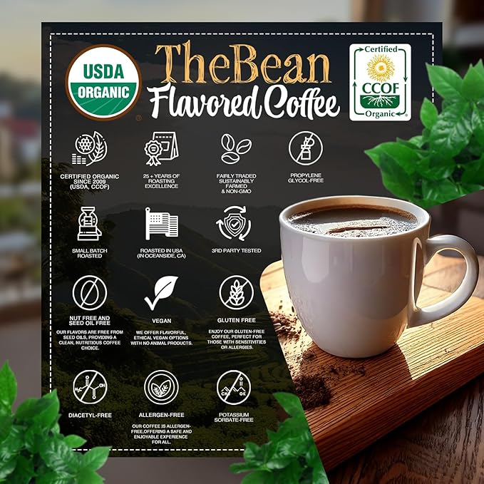 The Bean Organic Coffee Company Holiday Bean (Vanilla Cinnamon Spice), Medium Roast, Ground Coffee, 5-Pound Bag, Caf챕 molido tostado org찼nico