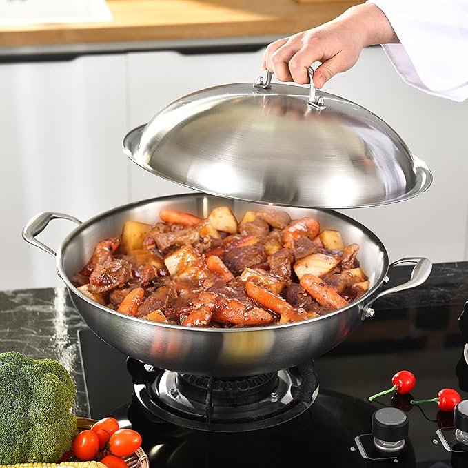 LOLYKITCH 14.5 Inch Tri-Ply Stainless Steel Wok Pan with Steel Lid,Deep Frying Pan,Jumbo Cooker,Induction Cooking Pan,Dishwasher and Oven Safe
