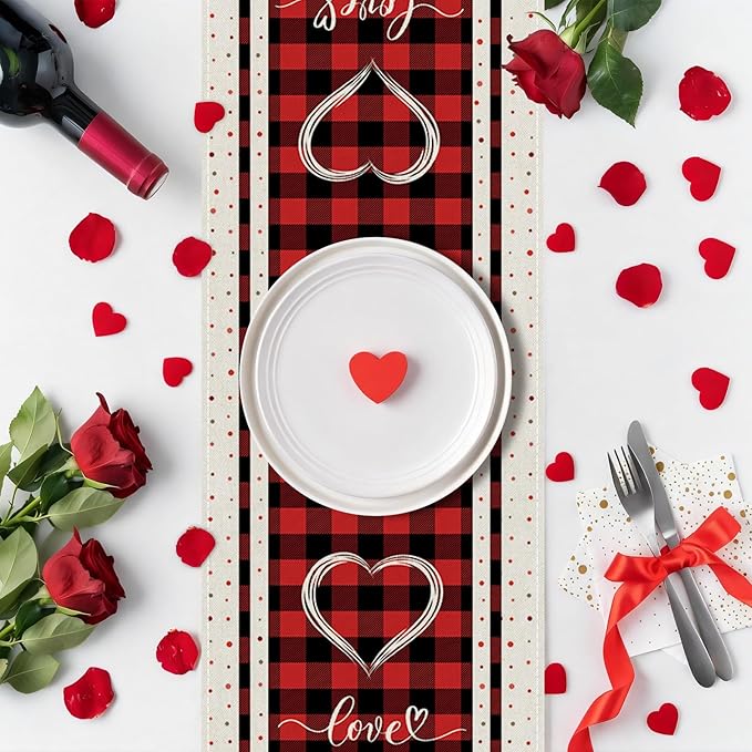 Valentines Day Table Runner 13x120 Inch, Buffalo Plaid Love Hearts Valentine Table Runner, Anniversary Home Kitchen Dining Table Holiday Party Decorations