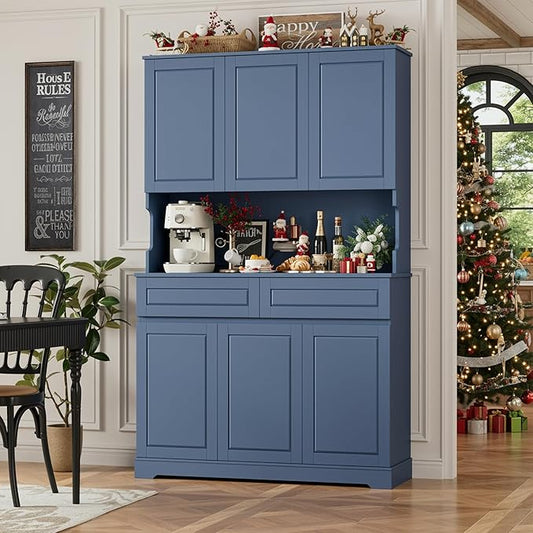 FACBOTALL 74" Pantry Cabinet, Tall Kitchen Pantry Cabinet with 6 Doors and 2 Drawers, Kitchen Hutch with Wide Countertop, Modern Kitchens Cupboard with Adjustable Shelves and Charge Holes, Blue