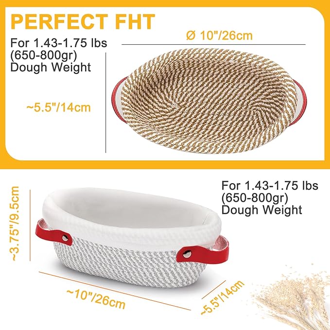 10 Inch Oval Cotton Rope Banneton Bread Proofing Basket Banneton Basket Set of 4 Sourdough Bread Baking Supplies with Liner & Cover