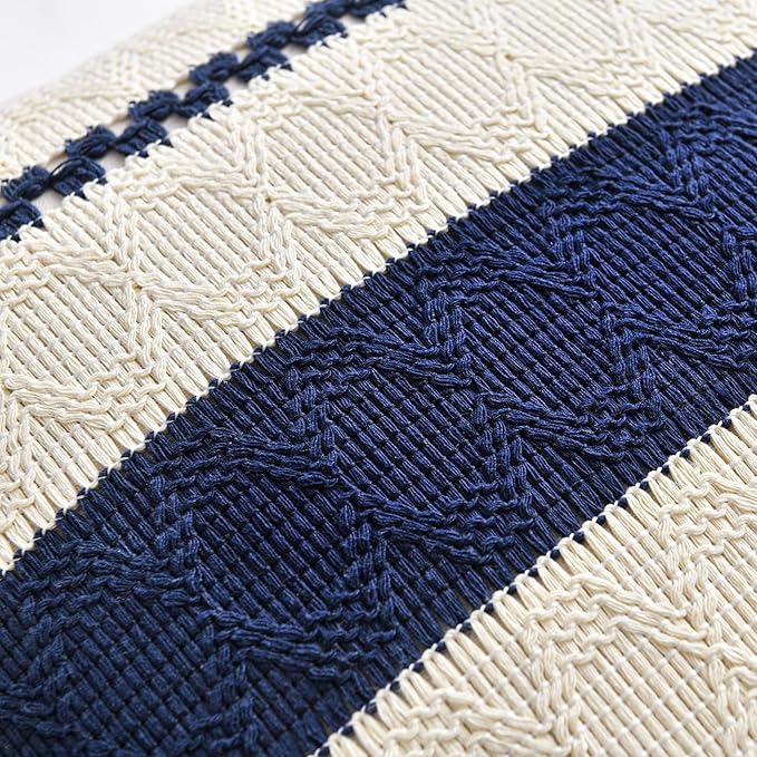 Fancy Homi Set of 2 Navy Blue Lumbar Decorative Throw Pillow Covers 12x24 Inch for Couch Bed Sofa Living Room, Aesthetic Modern Organic Farmhouse Home Decor, Soft Cotton Woven Textured Cushion Case