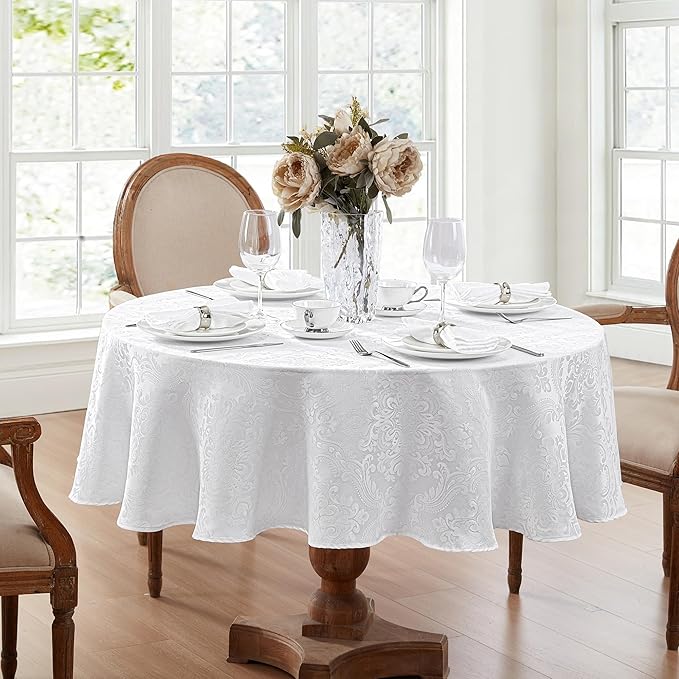 Elrene Home Fashions Caiden Elegance Damask Waterproof, Stain & Wrinkle Resistant Fabric Tablecloth, 60" x 84" Oval, White