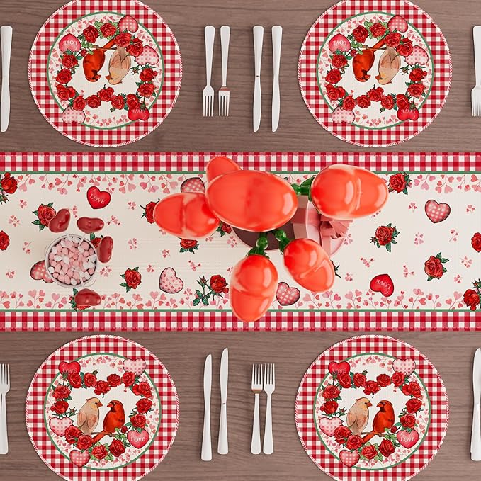 XCHI Plaid Roses Flowers Love Hearts Cardinal Valentine's Day Round Placemats Set of 4 Table Mats for Party Home Kitchen Dining Table Decorations 14x14 Inch