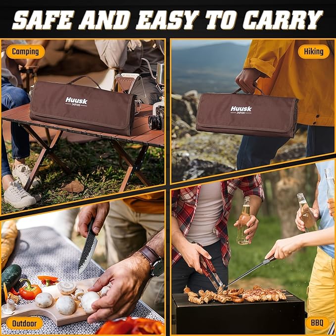 Huusk Chef Knife Set 5Pcs - Hand Forged Meat Cleaver & Chef Viking Knife & Utility Knives, Kitchen Knives Set with Bag for Cooking, Outdoor Camping, BBQ, Christmas Gifts for Men