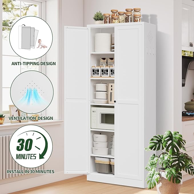 72" Tall Kitchen Pantry Cabinet,White Metal Pantry Cabinet with 2 Doors & 5 Adjustable Shelves,Utility Storage Cabinet Rust-Resistant for Living Room,Dining Room,Bathroom,Garage,Basement