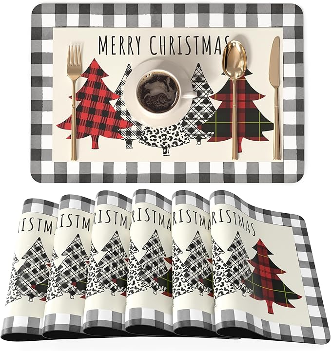 QIYI Christmas Placemats Set of 6, 12x18 Inch PU Leather Place Mats for Kitchen Dinning, Heat Resistant Anti Slip Buffalo Plaid Table Mats, Waterproof Washable Placemat Party Table D챕cor, Xmas Trees
