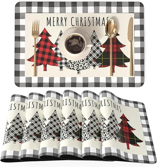 QIYI Christmas Placemats Set of 6, 12x18 Inch PU Leather Place Mats for Kitchen Dinning, Heat Resistant Anti Slip Buffalo Plaid Table Mats, Waterproof Washable Placemat Party Table D챕cor, Xmas Trees