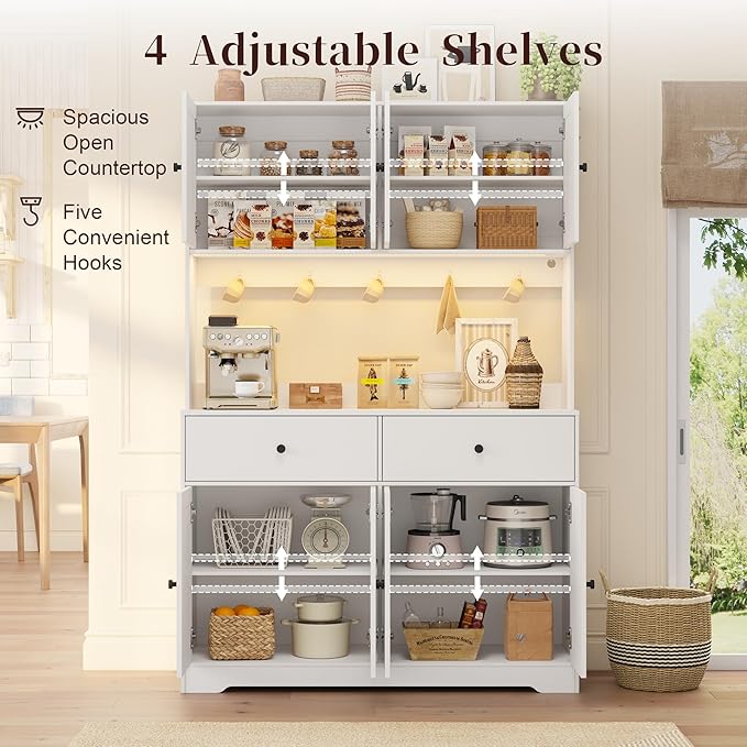 71" Tall Kitchen Pantry Storage Cabinet with Charging Station, 47.2" Wide Kitchen Hutch Cabinet with Large Countertop, Farmhouse Food Pantry with Drawers for Living Room, White