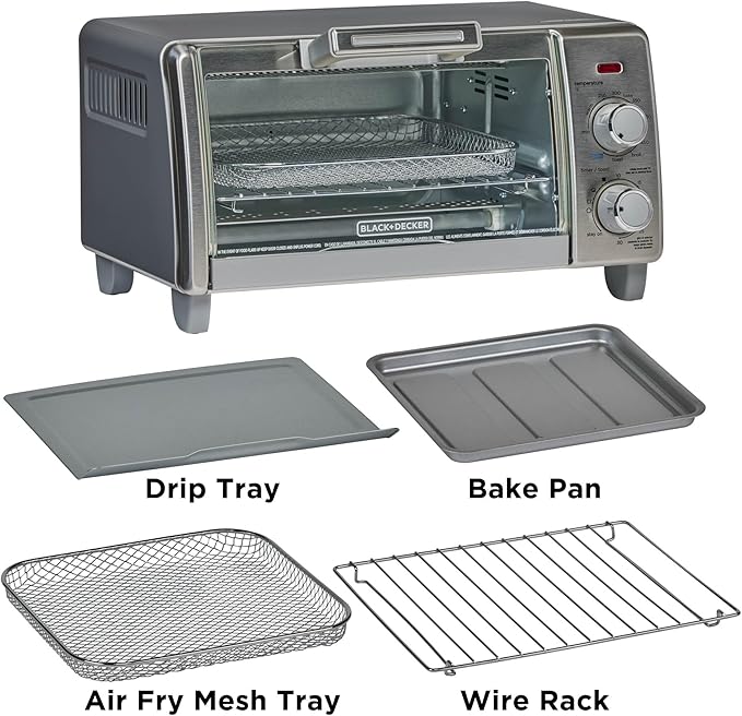 BLACK+DECKER Crisp 'N Bake Air Fry Countertop Convection Toaster Oven, Medium Capacity, 4-Slice, 5-in-1, Fits 9??Pizza, 30-Min Timer, Bake, Broil, Air Fry, Toast, Keep Warm, Stainless Steel