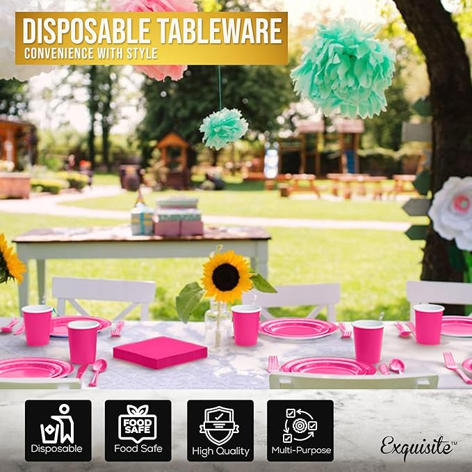 Exquisite 350 Pcs Hot Pink Paper Plates For Party, Hot Pink Disposable Plates Set, 50 Of Each 9" Dinner Plate Set, 7" Dessert Plate, Cups, Napkins & Cutlery Paper Dinnerware