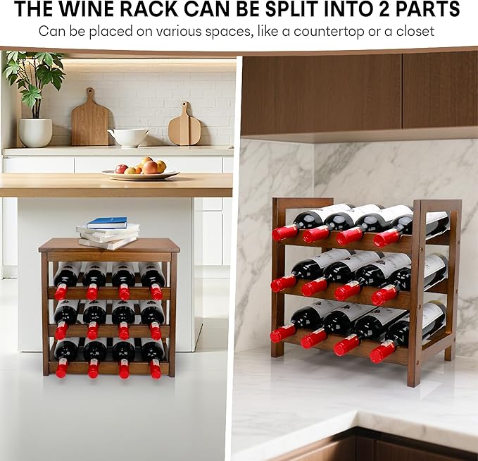 Wine Rack Free Standing Floor, 6-Tier 24 Bottles Display Wine Storage Shelves with Table Top, Easy-Assembly Freestanding Bamboo Wine Racks for Kitchen Dining Room Bar, Walnut