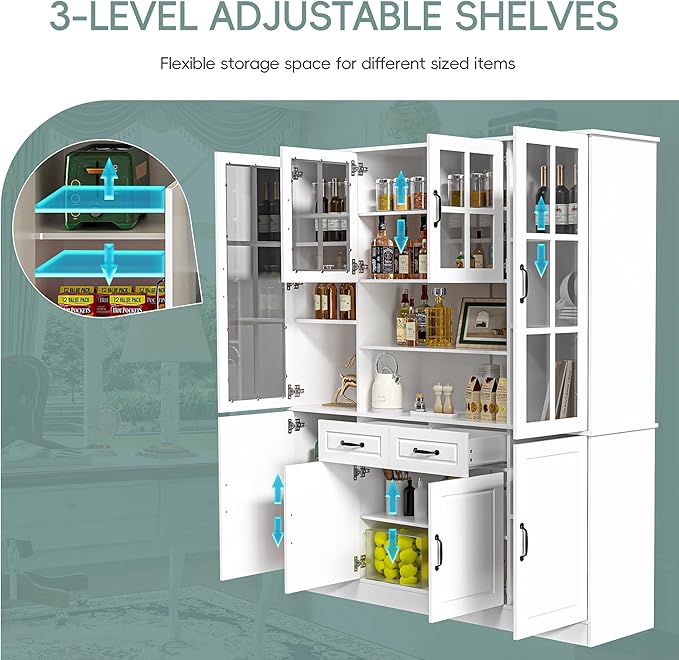 MU Kitchen Storage Cabinet with Glass Doors, Large China Hutch with 2 Drawers & 5 Adjustable Shelves, Kitchen Pantry Hutch for Home Office, Living Room, White (15.8" D x 63" W x 70.9H)
