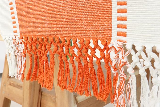 PurpleEssences Table Runner - Wide with Dobby Stripe, Heavy Ribbed Weave & Double Knot Fringes, 14x90 Inch (14x95.5 with Fringes) Boho Farmhouse Decor - Christmas Holiday Winter - Orange and H.White