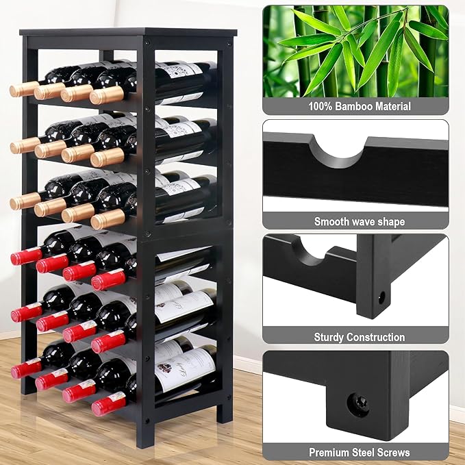 Wine Rack Free Standing Floor, 6-Tier 24 Bottles Display Wine Storage Shelves with Table Top, Easy-Assembly Freestanding Bamboo Wine Racks for Kitchen Dining Room Bar, Black