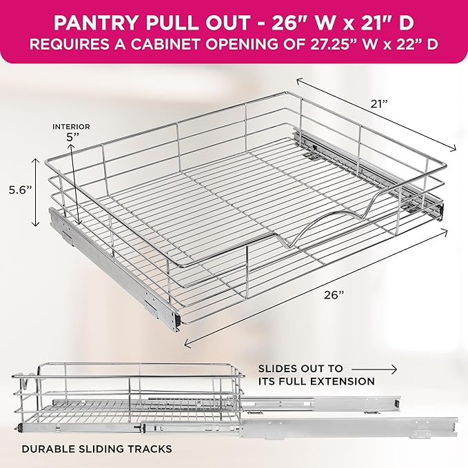 HOLDN??STORAGE Heavy-Duty Premium Collection Pull Out Cabinet Organizer, Cabinet Drawer Slide Outs, Lifetime Limited Warranty - Basket Size 26" W x 21" D x 5" H, Anti-Rust Chrome Finish