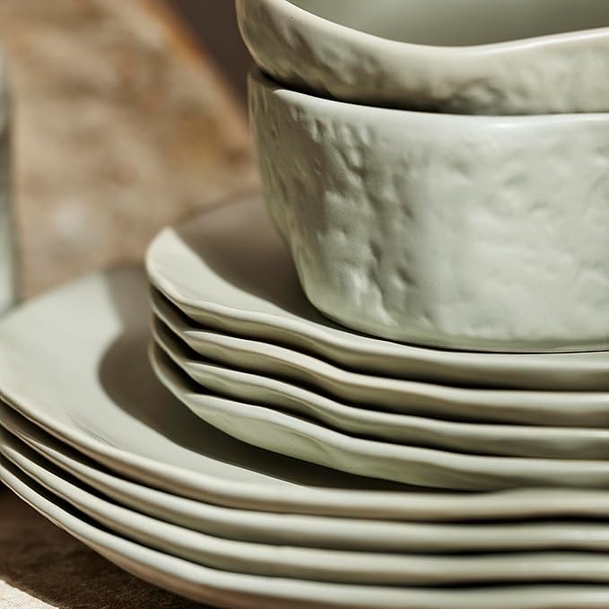 Stone by Mercer Project Atik Modern Stoneware 32-Piece Dinnerware Set, Plate and Bowl Set, Dish set for 8, Sage-Grey