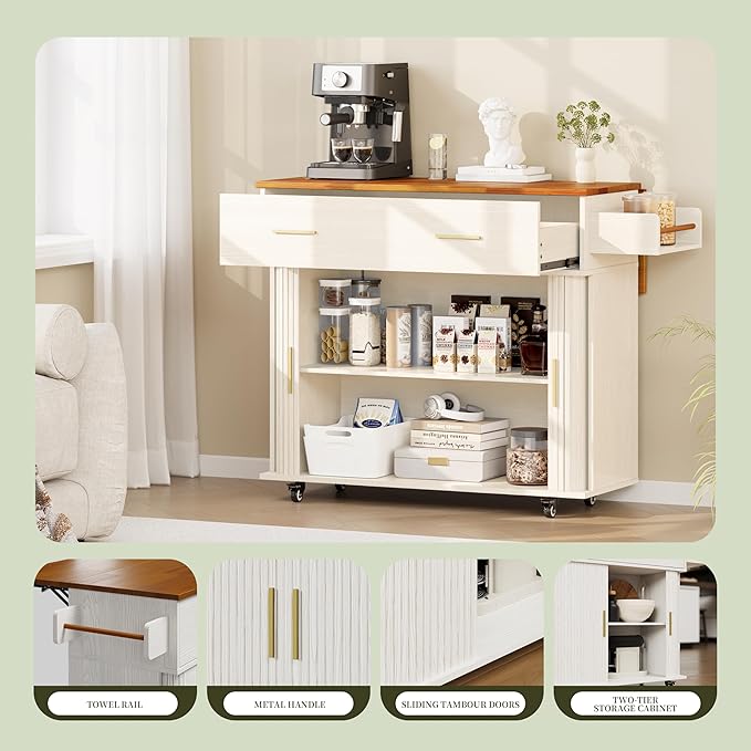 DHH Rolling Kitchen Island with Drop Leaf Countertop&Ample Storage - 39.4" Small Mobile Kitchen Cart On Wheels with Sliding Door,Drawers,Spice Rack & 2-Tier Storage (White)