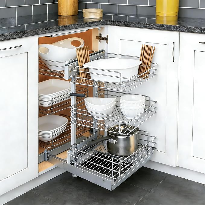 Vohala Blind Corner Cabinet Pull Out Shelf Organizer, 3 Tier Heavy Duty (200LBS), Adjustable, Chrome Steel, for Standard Kitchen Corner Cabinets (24x12.2x23.6 Inch)