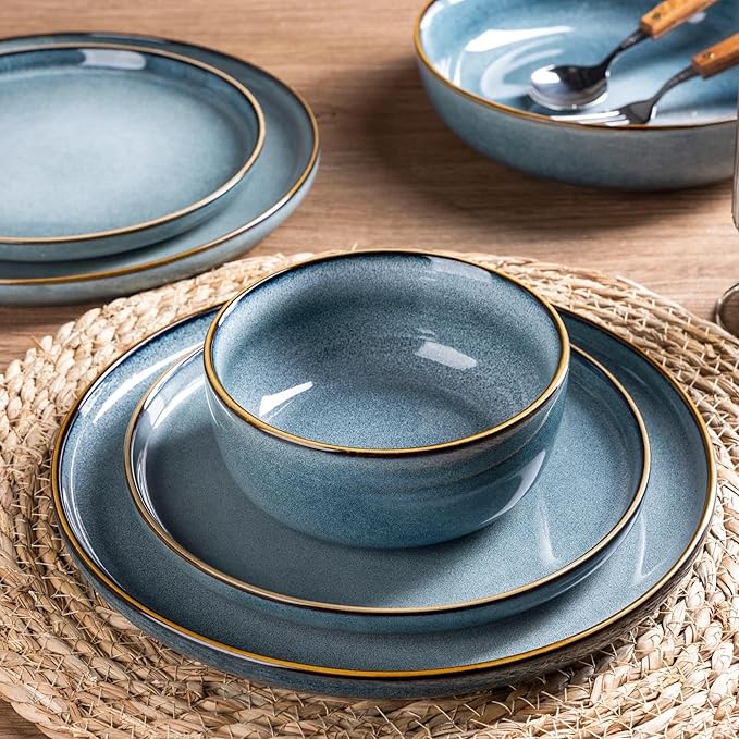 GBHOME 16 Pieces Double Bowls Ceramic Dinnerware Sets for 4, Stoneware Plates and Bowls Set with Reactive Glaze, Scratch Resistant Stoneware Dishes Set, Dishwasher & Microwave Safe