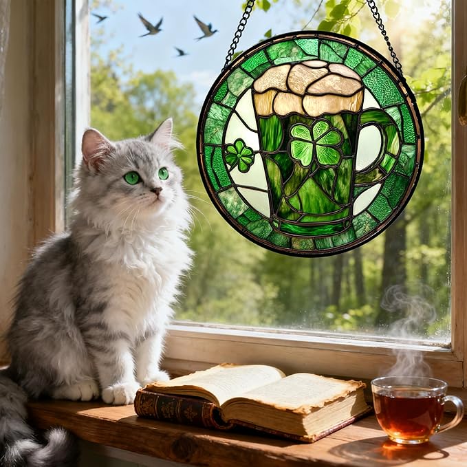 Stained Glass Window Hanging Green Clover St. Patrick's Day 7.8" - Suncatcher Door Garden Sun Catcher Irish Decoration Birthday Christmas for Woman Nana Friend Men