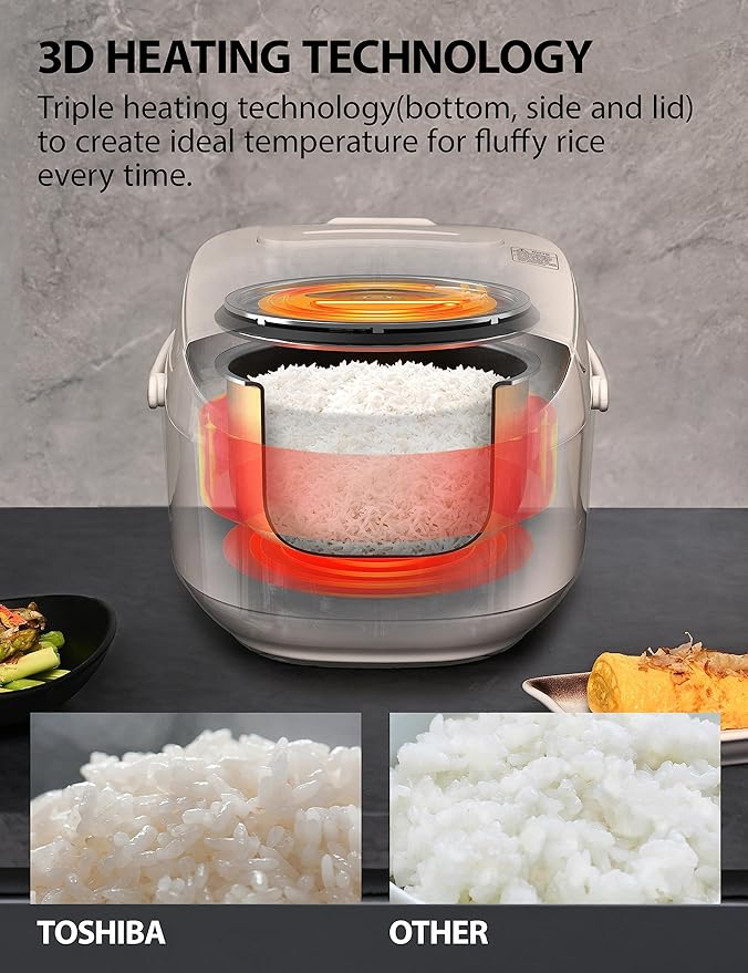 Toshiba Rice Cooker 6 Cup Uncooked ??Japanese Rice Cooker with Fuzzy Logic Technology, 7 Cooking Functions, Digital Display, 2 Delay Timers and Auto Keep Warm, Non-Stick Inner Pot, White