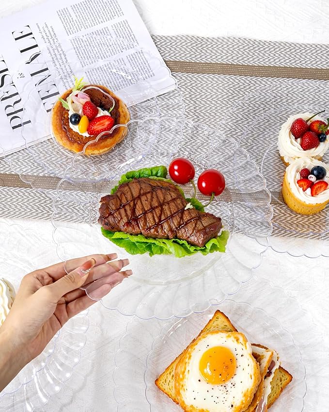 YOUBET 100PCS Clear Scalloped Plastic Plates - Heavy Duty Clear Disposable Plates, Fancy Hard Scalloped Plates Include 50 Dinner Plate, 50 Dessert Plate, for Wedding & Party