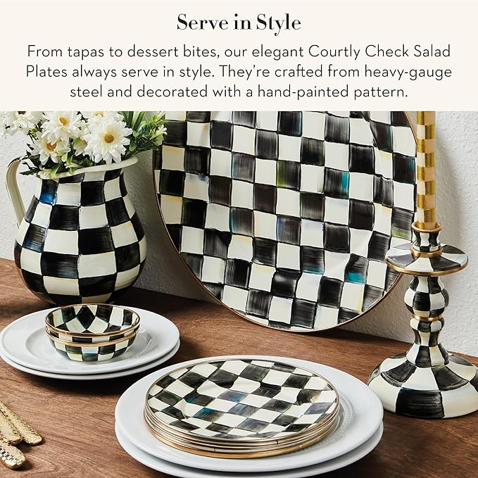 MACKENZIE-CHILDS Enamel Salad and Dessert Plate, Small Plate for a Dessert or Appetizer Dish, 8 Inches, Set of 4, Black-and-White Courtly Check