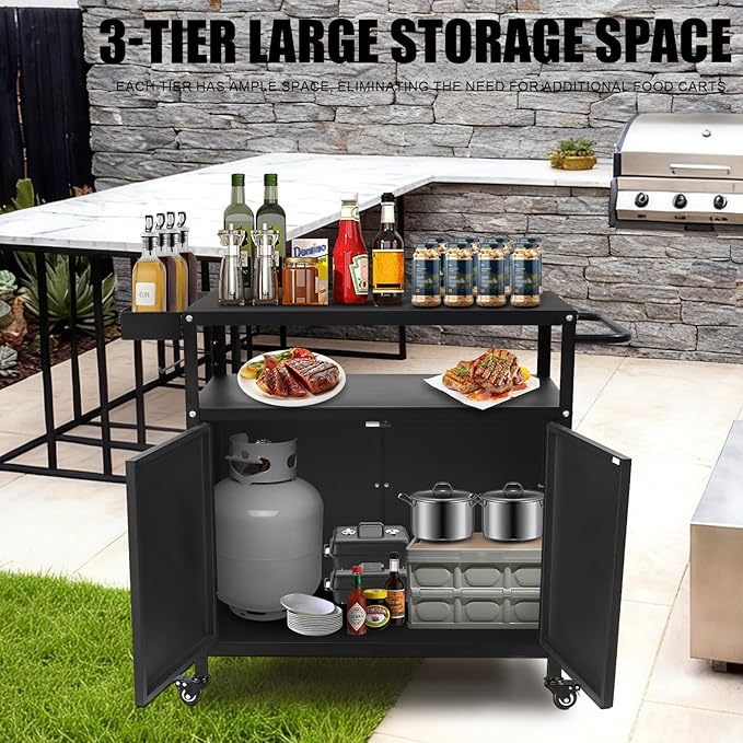 Kqoya Grill Cart with Storage, Outdoor Bar Cart Rolling BBQ Cart Movable Pizza Oven Table Stand with Foldable Stainless Steel Top & Storage Cabinet, Black（34.6 x 17.7 x 34.6 Inch）