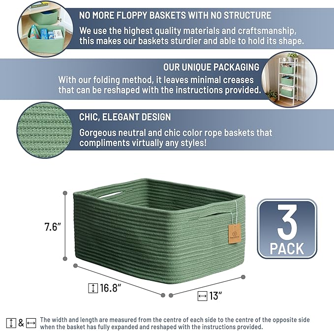 NaturalCozy Storage Baskets 16.8?쓝13?쓝7.6??Cotton Rope Woven Baskets for Organizing 3-Pack | Toy Storage Bins | Basket for Shelves, Laundry, Blanket, Clothes, Closet, Kitchen, Bathroom, Gifts