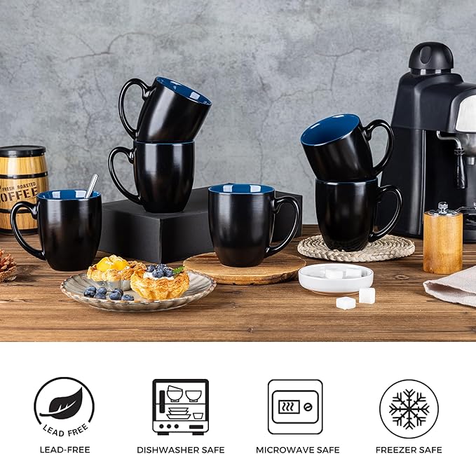 GBhome 16oz Coffee Mugs Set of 6, Large Ceramic Coffee Mugs for Man, Woman, Dad, Mom, Modern Coffee Mugs Set with handle for Tea/Latte/Cappuccino/Milk/Cocoa. Dishwasher&Microwave Safe,Blue