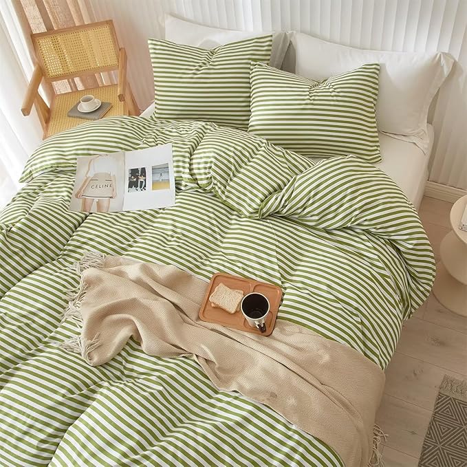 Full Comforter Set 3 Pieces Striped Comforter Set Green White Stripes Pattern Comforter with 2 Pillowcases Modern Style Lightweight Boho Bedding Comforter Geometric Striped Fluffy Comforter Set