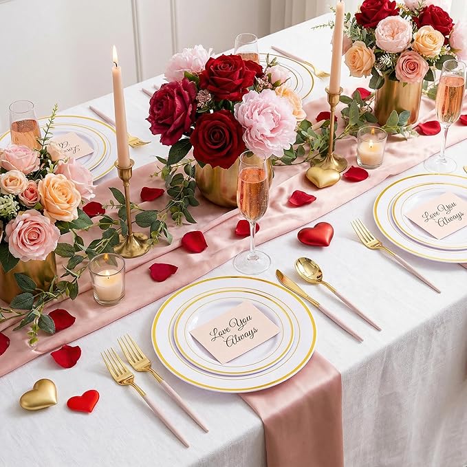 SUT 160Pcs Pink and Gold Plastic Silverware, Heavy Duty Plastic Silverware, Valentines Plastic Utensils, 80 Plastic Forks, 40 Knives, 40 Spoons, Disposable Cutlery for Parties, Valentines(Pink Gold)