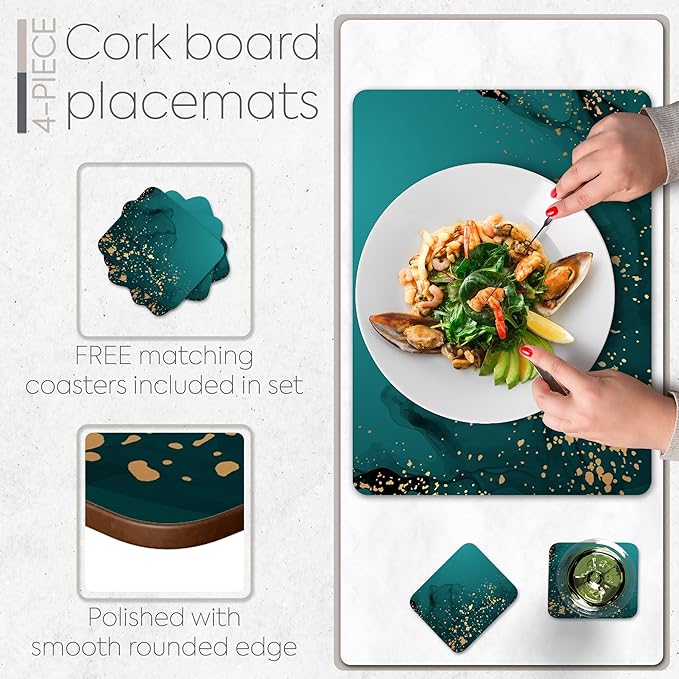Moderry Set of 4 Heat Resistant Cork Placemats for Dining Table with Free Set of 4 Matching Drink Coasters Deep Green and Gold Design 16 x 12 Inches Cork Backed Hard Placemats (Green Serenity)
