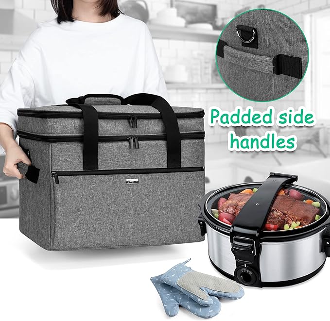 Yarwo Large Slow Cooker Travel Bag Compatible with Crock-Pot/Hamilton Beach 8-10 Quart, Double Layers Slow Cooker Carrier Case for Kitchen Appliance and Accessories, Upgraded Version, Gray (Bag Only)