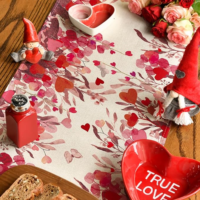 Artoid Mode Floral Red Love Heart Petals Valentine's Table Runner, Wedding Kitchen Dining Table Decoration for Home Party Decor 13x120 Inch