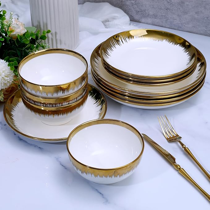 Luxury 12 Piece Porcelain Dinnerware Sets Service for 4, Modern Stoneware Plates and Bowls Sets,Ceramic Dish Set, Highly Chip and Crack Resistant Modern Plate Set, White and Gold