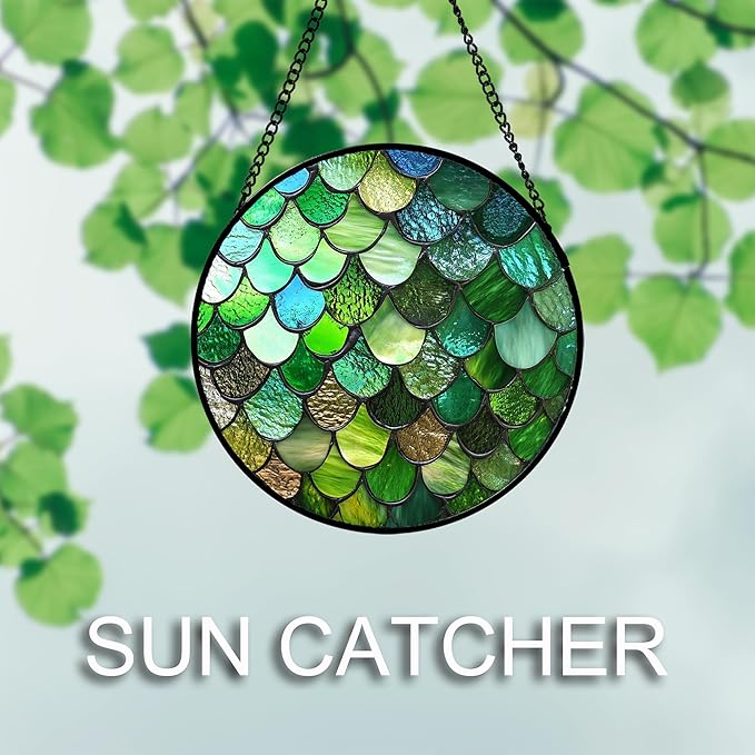 Stained Glass Window Hanging Green Abstract Texture 6.3" - Marine Suncatcher Door Garden Sun Catcher Home Decor Birthday Christmas for Mom Men Woman Wife Friend