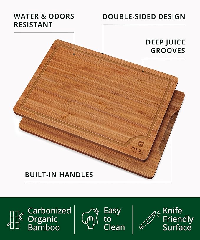 ROYAL CRAFT WOOD Bamboo Cutting Board Set ??3 Durable Wooden Cutting Boards for Kitchen Meal Prep, Charcuterie & Serving ??Chopping & Butcher Block with Juice Grooves ??Gift-Ready Packaging & Wood Wax