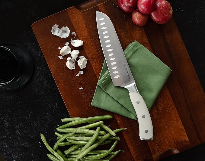 DURA LIVING 7-Inch Santoku Knife ??Ultra-Sharp German High Carbon Stainless Steel, Full Tang, Ergonomic Handle, Multipurpose Kitchen Knife for Chopping, Slicing, and Dicing, Cream