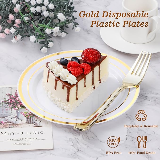 BESTVIP 50PCS 7 Inch Gold Plastic Plates, Disposable Dessert Plate with Gold Rim, Small Heavy Duty Disposable Plastic Plates for Party, Wedding and Birthday, Christmas, Thanksgiving