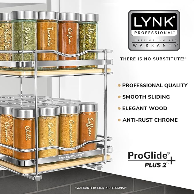 LYNK PROFESSIONAL짰 횋lite??Pull Out Spice Rack Organizer for Inside Kitchen Cabinets - 8-3/8 inch Wide - Slide Out Drawer ??Wood/Chrome Sliding Spice Cabinet Organization Shelf Racks - 2 Tier