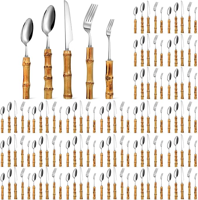 Eboot Bamboo Silverware Set 18/8 Stainless Steel Tableware Set Natural Utensil Flatware Kit Spoon Fork Knives Bamboo Handle Cutlery for Kitchen Wedding Home Restaurant Party(Silver,120 Pieces)