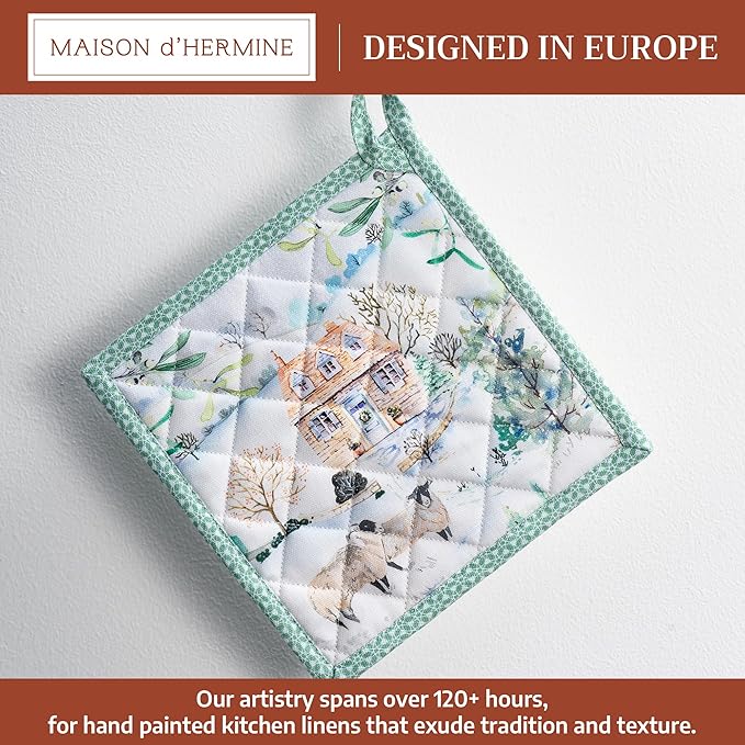 Maison d' Hermine Pot Holders 100% Cotton Heat Resistant Potholders 8" x 8" Hot Pads with Loop for Thanksgiving Christmas Decorations BBQ Cooking Baking Handling Hot Pans (Pack of 1, Snowy World)