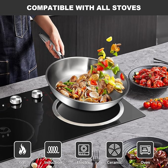 EWFEN Tri-Ply Stainless Steel Frying Pans Set, 8??10??12??Cooking pans, PFOA&PTFE Free Skillet, Induction Cooking Pan, Dishwasher and Oven Safe, Fast & Even Heat, Heavy Duty and Detachable Handle