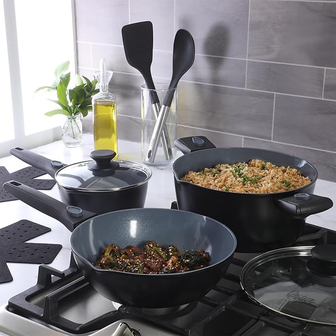 Oster SmartHandle Advance 13-Piece Ceramic Nonstick Cookware Set ??Matte Black Finish, Gray Interior, Induction Base, Detachable Handles, Oven & Dishwasher Safe, With Utensils & Pan Protectors