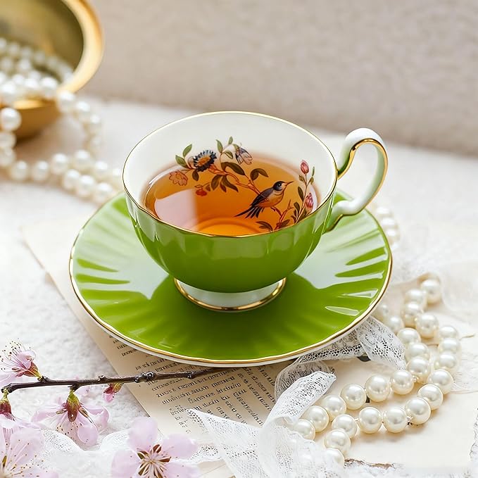 Aynsley Pembroke Glaze Oban 2-Piece Fine Bone China Teacup & Saucer - 6oz (180ml), Handpainted Floral with Gold Trim - Vintage Gift Set-Mill Green