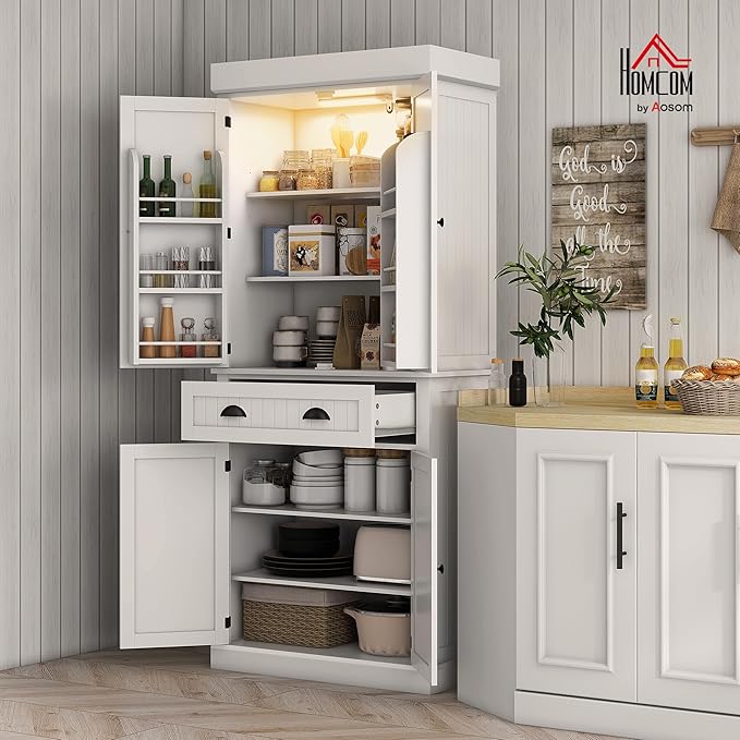 HOMCOM 71" Kitchen Pantry Cabinet with LED Motion Sensor Light, Tall Storage Cabinet with 6 Door Shelves, Drawer & Adjustable Shelves, for Living & Dining Room, White